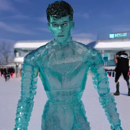 Image similar to made of ice, a realistic detailed photo of a guy who is an attractive humanoid who is half robot and half humanoid, who is a male android, on display, blank stare, showing off his muscles, shiny skin, posing like a statue, by the pool, frozen ice statue, f 1 driver max verstappen, humanoid robot