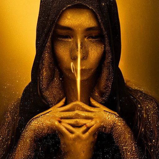 Image similar to a portrait of a young woman wearing a long dark cloak, hood and shadows covering face, holding golden chains, oil painting, matte painting, black background, Volumetric Golden dappled dynamic lighting, Highly Detailed, Cinematic Lighting, Unreal Engine, 8k, HD, by Beksinski