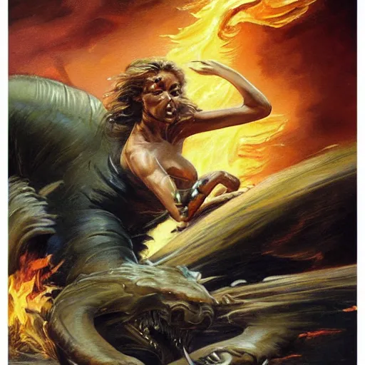 Image similar to ultra realistic portrait painting of a woman riding a saber tooth tiger surrounded by fire, art by frank frazetta, vintage levi ’ s ad, stormy weather, dark vibes, 4 k, ultra realistic, highly detailed, epic lighting