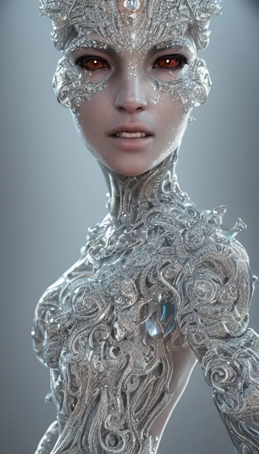 Image similar to full body detailed, ethereal, biomechanical, covered in diamonds and other gems glowing, highly detailed face, elegant posed, intricate, extremy detailed, beeple, cgsociety, 3 d unreal engine octane render. cinematic lighting, highly detailed 4 k art