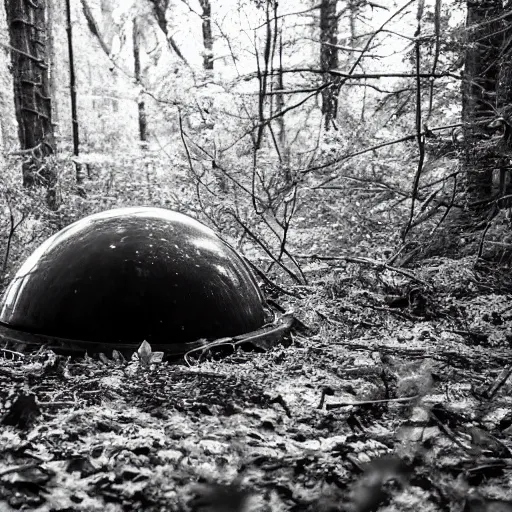 Prompt: a crashed ufo in the forest, black and white photo