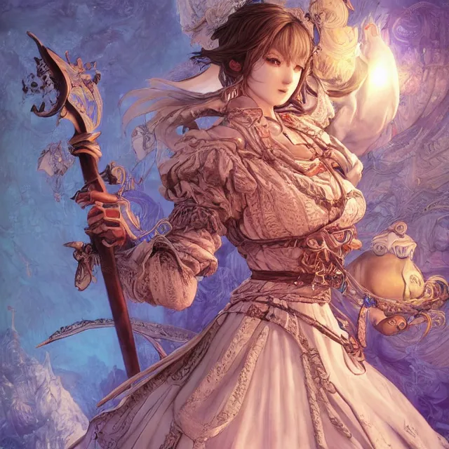 Image similar to the portrait of neutral good colorful female cleric bard as absurdly beautiful, gorgeous, elegant, skinny young gravure idol, an ultrafine hyperdetailed illustration by kim jung gi, irakli nadar, intricate linework, sharp focus, bright colors, octopath traveler, final fantasy, unreal engine 5 highly rendered, global illumination, radiant light, detailed and intricate environment