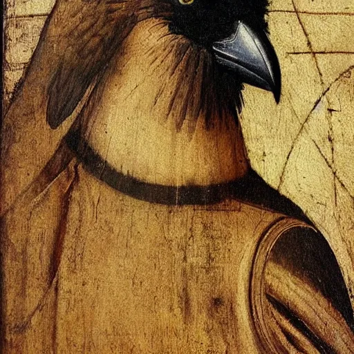 Image similar to high quality oil painting by leonardo da vinci, a black raven bird, subtly smiling