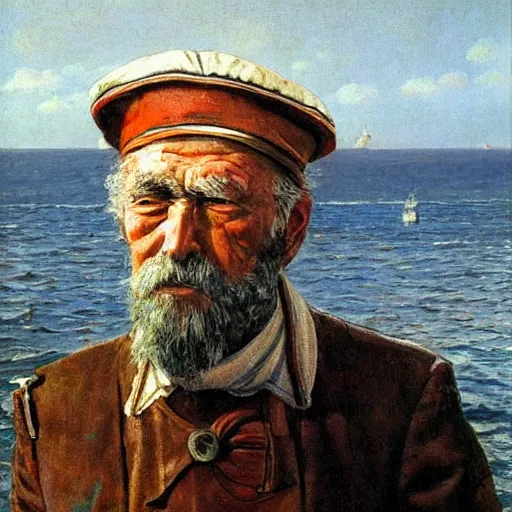 Image similar to painting of sailor hobo hyperrealism vasily vereshchagin at harbor boat fish