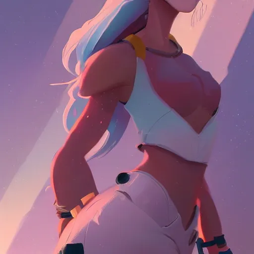 Prompt: a girl looking to the skies by greg tocchini, by james gilleard high quality, cartoon, digital painting, by don bluth and ross tran