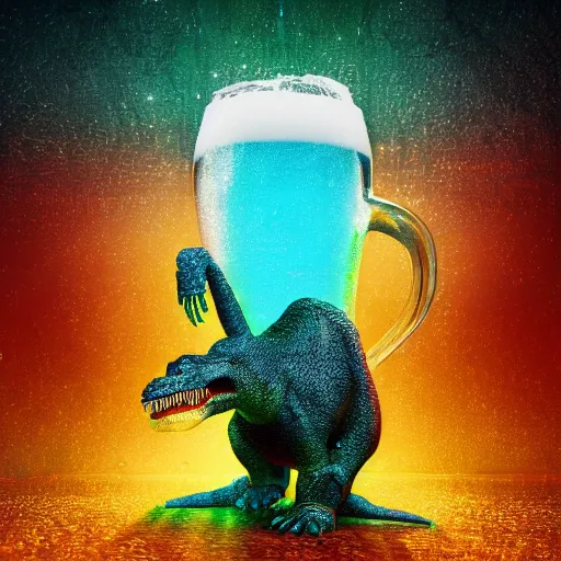 Image similar to t - rex drinking a giant ipa, hop plants everywhere, intricate complexity, inverted rainbow drip paint, psychedelic glitch art, trending on art station, photoreal, 8 k, octane render