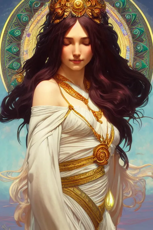 Prompt: goddess of peace and harmony, highly detailed, digital painting, artstation, concept art, smooth, sharp focus, illustration, unreal engine 5, 8 k, art by artgerm and greg rutkowski and alphonse mucha