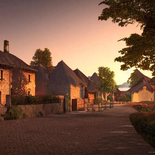 Prompt: highly detailed octane render of a village at twilight