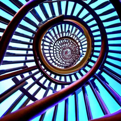 Image similar to spiral staircase made out of pc cooling equipment, in a rgb environment that looks like heaven, 4k, high detail