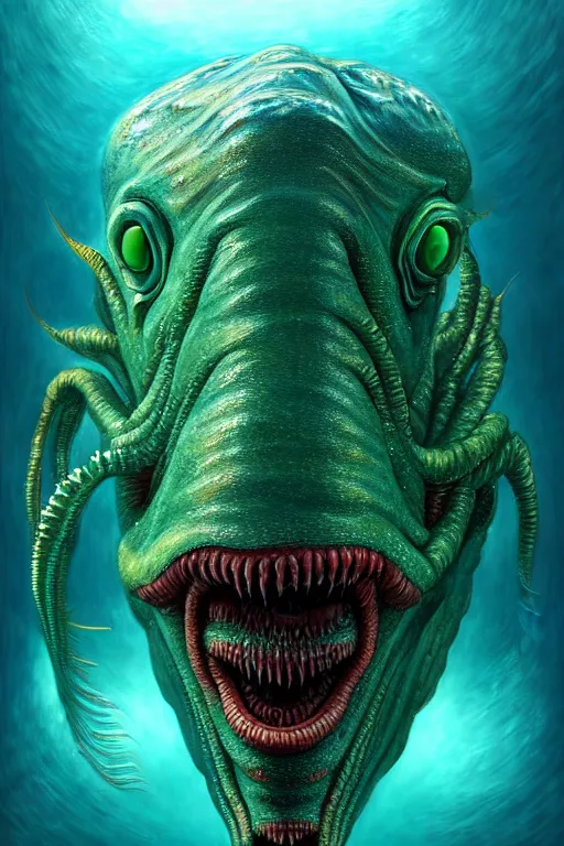 Image similar to hyperrealistic close-up surrealism underwater creature monster!! highly detailed concept art eric zener elson peter cinematic hard green lighting high angle hd 8k sharp shallow depth of field, inspired by David Paul Cronenberg and Zdzisław Beksiński