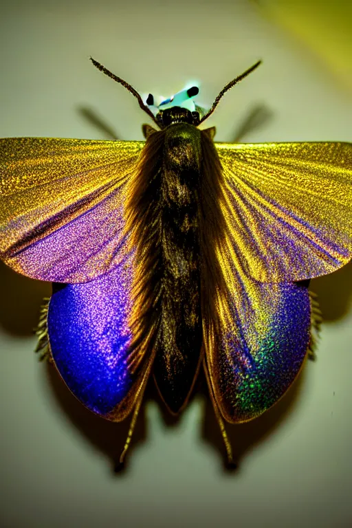 Image similar to high quality close-up photo gothic iridescent moth! jewelled gorgeous! highly detailed david ligare elson peter cinematic yellow neon lighting high quality low angle hd 8k sharp shallow depth of field