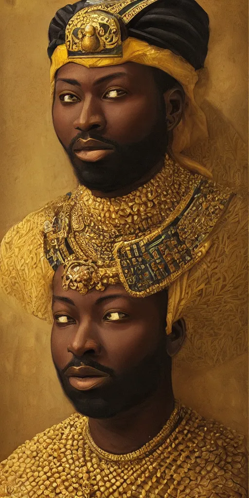 Image similar to a stunning and noble highly detailed romantic period style portrait of Mansa Musa by Josep Tapiró Baró, trending on artstation, oil painting masterpiece, symmetry, African iconography