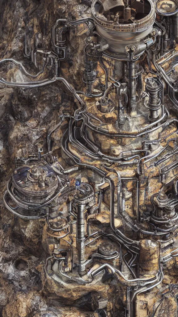 Image similar to ultra realistic macro photography of the giant psychedelic magical machine embedded within the mountain, sedimentary rock and marble, industrial machinery, pistons, pipes and valves, super conducters, reactor circuits. 8k Isometric geology photography