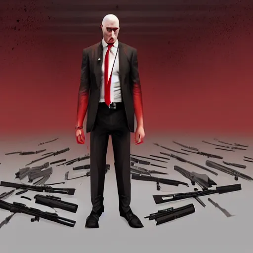 Prompt: an expressive portrait of agent 4 7 from hitman choosing a weapon from a wall full of guns, dark background, red rim light, highly detailed, digital art, artstation, concept art by giger stalenhag