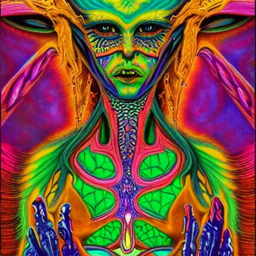 Prompt: a psychedelic DMT entity machine elf, ultra-detailed visionary art painting