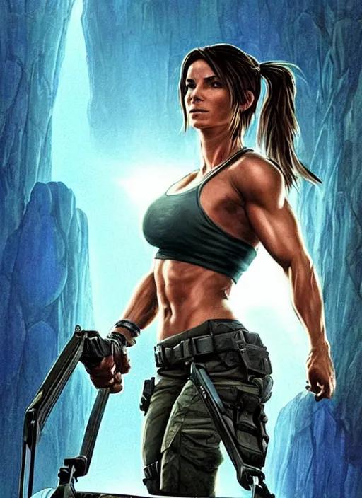 Image similar to muscled Sandra Bullock as Lara Croft as a ruggedly handsome heroine looking directly into the camera, jumping off a glowing artifact lodged in shallow blue glowing water, intricate, elegant, highly detailed, artstation, concept art, smooth, sharp focus, illustration, bokeh art by artgerm and donato giancola and Joseph Christian Leyendecker, WLOP, fireflies, distant snowstorm and thunder