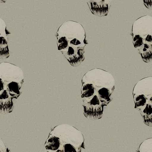 Image similar to A crop field growing skulls. Muted colors, overcast sky, dark, dreary, eldritch.