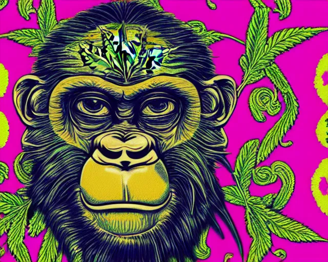 Image similar to psychedelic ornamental baroque bored ape wearing marijuana bandana, opensea