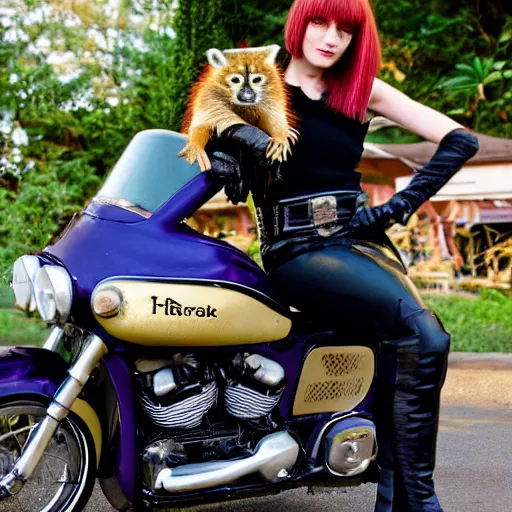 Prompt: a photo by arbus of a slender beautiful woman with straight ginger hair and bangs, wearing purple leathers and gold helmet, posing with large ginger tabby and raccoon on a motorcycle in her front yard, holding coffee mug and toasted brioche bun, fashion photography, dramatic lighting, 8 5 mm lens