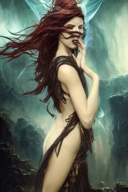 Image similar to seductive looking sorceress prays!!! magic the gathering, windy hair!, surreal dark fantasy, cinematic volumetric lights, portrait, dnd, intricate, elegant, highly detailed, digital painting, artstation, concept art, smooth, sharp focus, illustration, art by artgerm and tom bagshaw and greg rutkowski and alphonse mucha