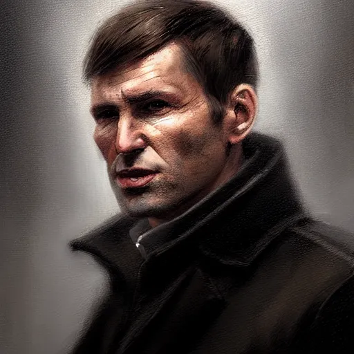 Image similar to Portrait of a man by Greg Rutkowski, he is about 40 years old, mixture between russian and irish, side parted combover brown hair, attractive, NARROW very very very very sharp face ANGULAR hawkish facial features, hooked nose , extremely pale white skin, smart looking, he is wearing a black trenchcoat, highly detailed portrait, scifi, digital painting, artstation, concept art, smooth, sharp foccus ilustration, Artstation HQ