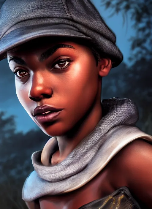 Image similar to An epic fantasy comic book style portrait painting of a young dark skinned girl with short hair wearing fantasy clothes dressed as a boy and wearing newsboy cap, unreal 5, DAZ, hyperrealistic, octane render, cosplay, RPG portrait, dynamic lighting