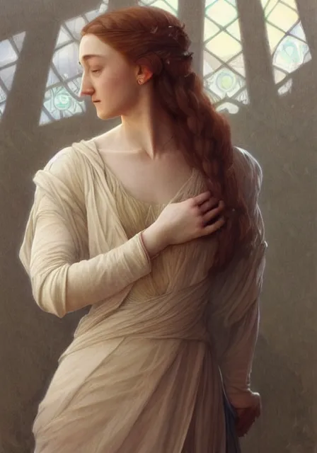 Image similar to sansa saoirse ronan, intricate, elegant, highly detailed, digital painting, artstation, concept art, smooth, sharp focus, illustration, art by artgerm and greg rutkowski and alphonse mucha and william - adolphe bouguereau