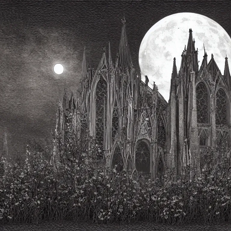 Prompt: A Gothic cathedral in a field of flowers, A huge red moon shines over the earth in the style of gustav doré.highly realistic, hyper detailed,cinematic,4k,digital art,unreal engine 5,epic lighting