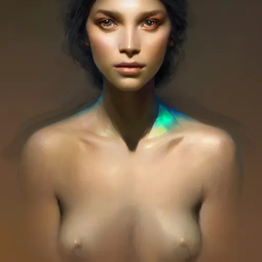 Image similar to a beautiful portrait of a goddess with iridescent skin by greg rutkowski and raymond swanland, trending on artstation