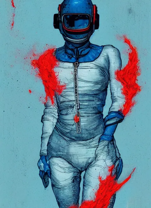 Image similar to luxurious royal white and blue astronaut emerging from hot red volcanic lava in cyberpunk theme by conrad roset, nicola samuri, dino valls, m. w. kaluta, rule of thirds, sigma look, beautiful