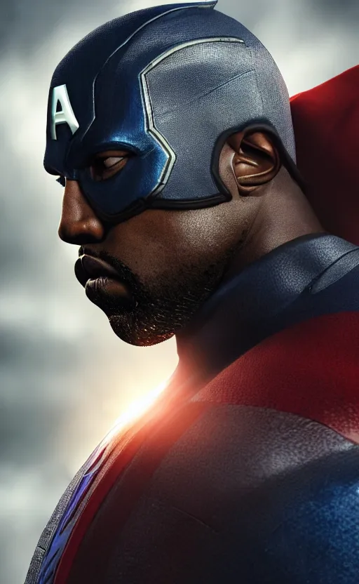 Image similar to Portrait of Kanye West as Captain America in Skyrim, splash art, movie still, cinematic lighting, dramatic, octane render, long lens, shallow depth of field, bokeh, anamorphic lens flare, 8k, hyper detailed, 35mm film grain