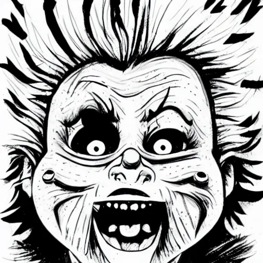 Prompt: grunge cartoon drawing of chucky by - dr seuss , loony toons style, horror themed, detailed, elegant, intricate