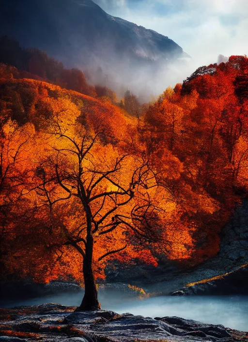 Prompt: an award winning photo of a cool autumn day in bergen norway, colorful leaves red orange yellow on trees, leaves falling to the ground, beautiful mountains, breathtaking blue sky, wispy cloud. travel photography by charlie waite, max rive, caroline foster.