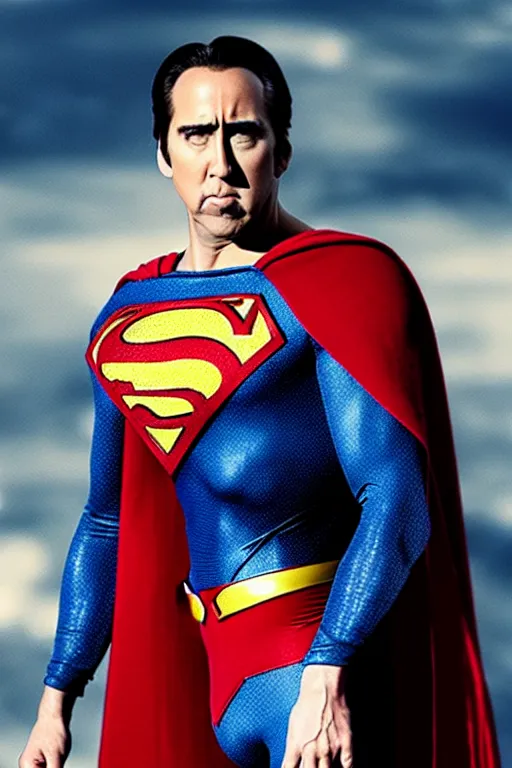 Image similar to nicholas cage as superman, live action, superhero movie, dramatic