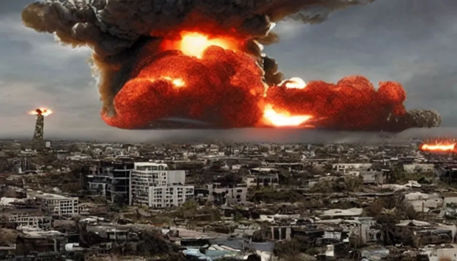 Image similar to big budget action movie about a nuclear explosion destroying a city