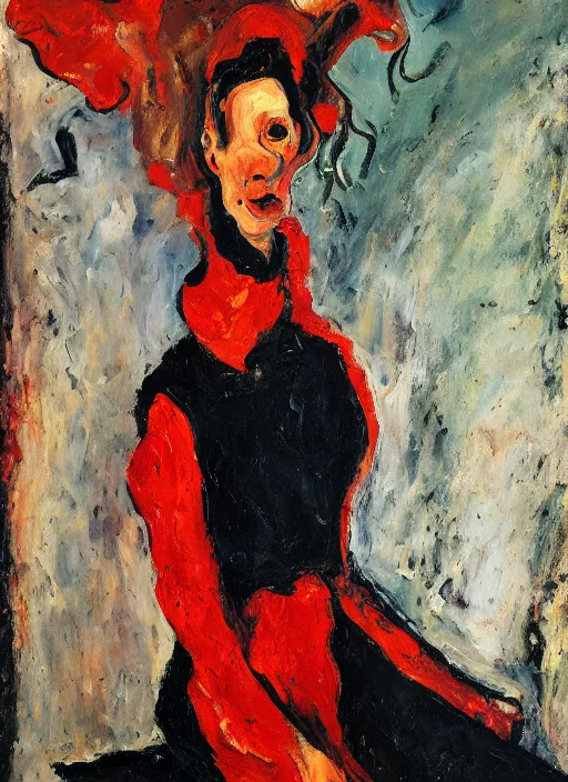 Prompt: an oil painting of a woman in a red dress posing with meat in expressive style of Chaim Soutine, palette of red alizarin and dark gray green, thick impasto painting technique