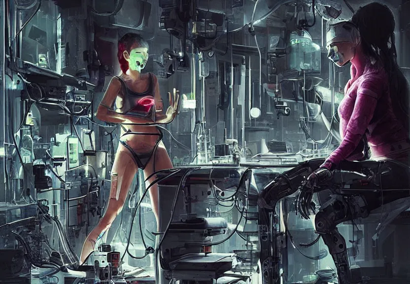 Image similar to cyberpunk girl replacing her leg in a laboratory, epic, artwork by Inceoglu, Ismail