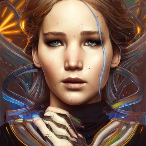 Image similar to beautiful ethereal cyberpunk jennifer lawrence, art nouveau, fantasy, intricate binary and electronic designs, elegant, highly detailed, sharp focus, art by artgerm and greg rutkowski and wlop