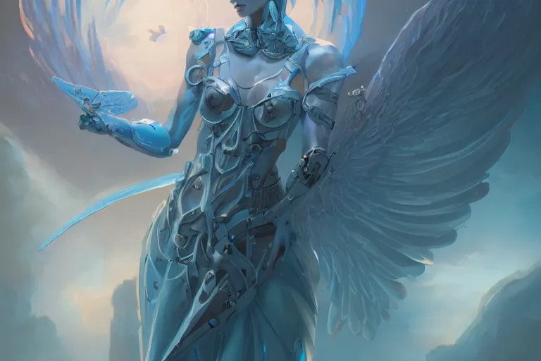 Image similar to a beautiful cybernetic angel by pete mohrbacher and artgerm and wlop, digital art, highly detailed, intricate, fantasy, mystical, Trending on Artstation HQ, deviantart, unreal engine, 4K UHD image