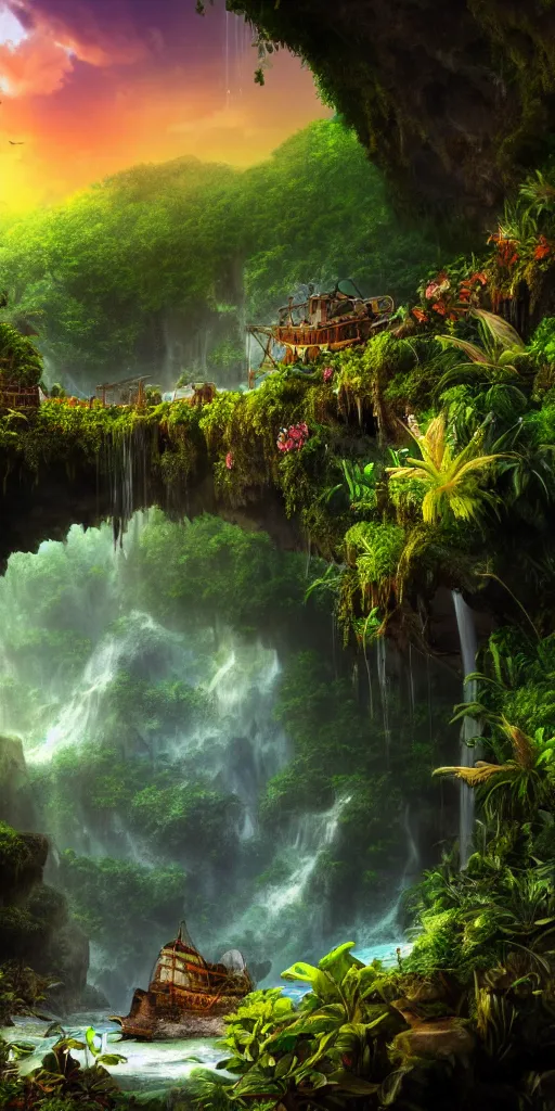 Image similar to a shipwreck at the bottom of a caribbean jungle cave, lush flora, waterfall, mountains, dark towering clouds, flowers, vines, sunset, volumetric lighting, rtx on, washed out colors, an award winning digital render, beautiful, ultradetailed, great composition