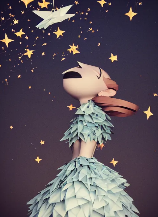 Image similar to background edge of space with puffy clouds are dusk, anthropomorphic paper woman wrapped in a flowing couture tissue paper, paper chrysanthemums, many origami stars, eery light, 3 d, very detailed, octane render, trending artstation, trending cgisociety, artgem