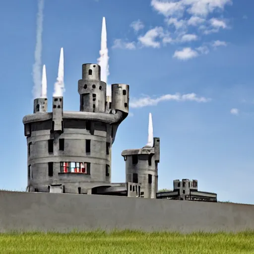 Prompt: photo a modern metal castle with rocket launchers on the roof