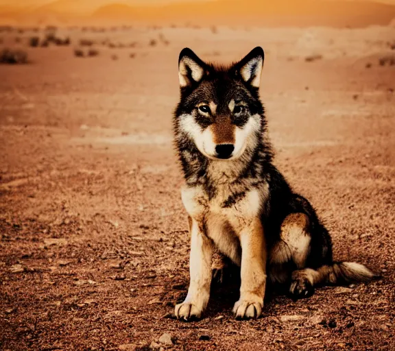 Prompt: photo of a wolf puppy, wearing cowboy clothes, in the desert, cinematic color grading, various poses, soft light, faded colors, well framed, sharp focus, 8 k