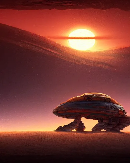 Image similar to ancient space ship, desert planet, cinematic, highly detailed, scifi, intricate digital painting, sunset, red glow, illustration, artstation