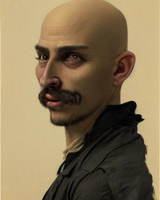 Prompt: portrait of a 4 0 - year - old bald character, male, with a white complexion, wide, cat - like scarlet eyes, a nose flat like a snake's nose, and a thin mouth, wearing in black clothes, hyper realistic face, beautiful eyes, fantasy art, in the style of greg rutkowski, intricate, alphonse mucha, hyper detailed, smooth