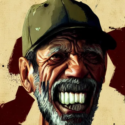 Prompt: old man portrait, grenade in his teeth, flat background, greg rutkowski gta san andreas art