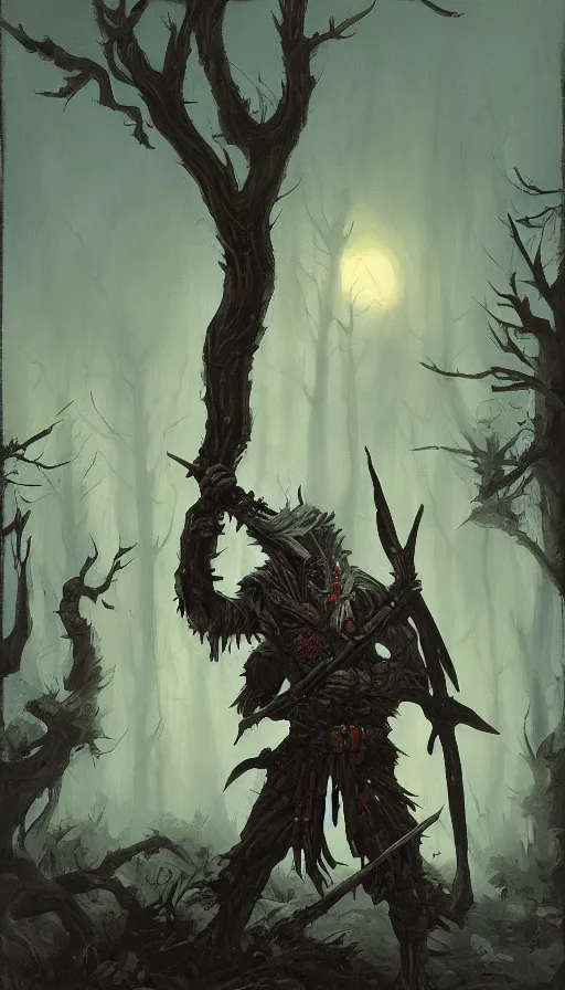 Image similar to painting of undead wight warrior, forest and cabin, muted colors, night scene, by brom