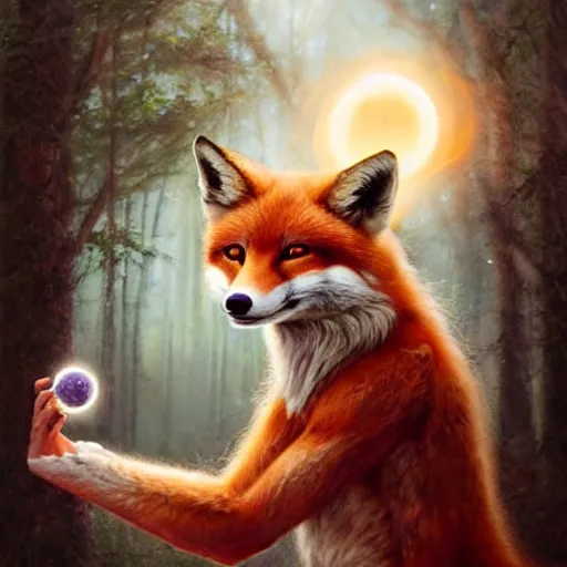 Prompt: an anthromorphic fox as a magic fortune teller holding an orb in an enchanted forest, photorealistic, fantasy art, digital art, by tom bagshaw