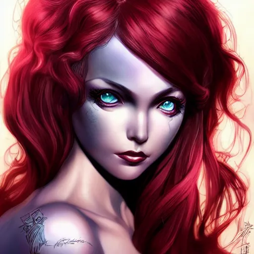 Prompt: princess of darkness, style of moebius, artgerm comic, piercing eyes, long glowing red hair, cinematic, highly detailed, award winning