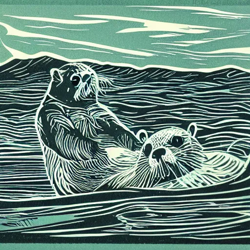 Image similar to a sea otter rancher riding on horseback, linocut print